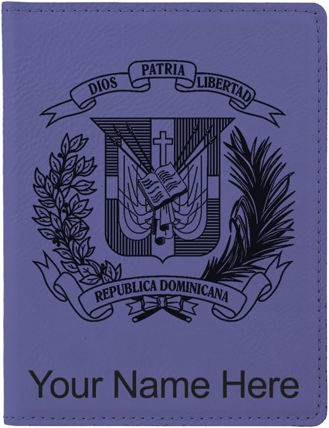 LaserGram Faux Leather Passport Holder, Coat of Arms Dominican Republic, Personalized Engraving Included (Dark Purple)