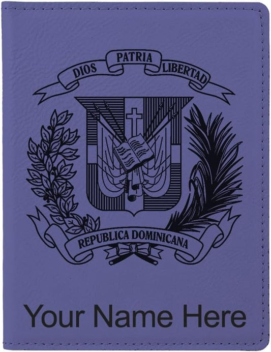 LaserGram Faux Leather Passport Holder, Coat of Arms Dominican Republic, Personalized Engraving Included (Dark Purple)