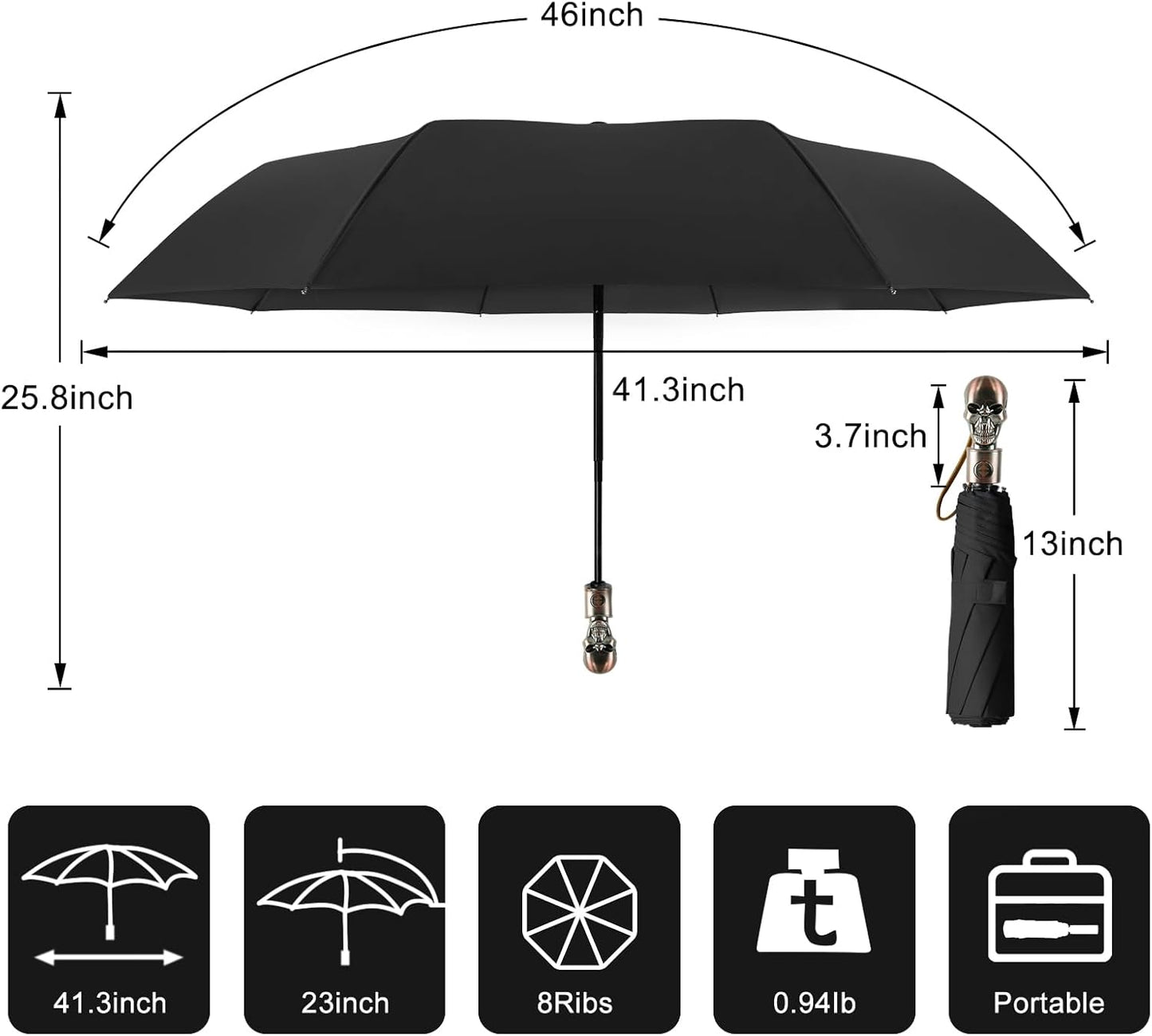 Lejorain Mens Black Skull Umbrella - Automatic Luxury Travel Windproof Umbrella Compact - Portable Strong Lightweight Rain Umbrella for Adults