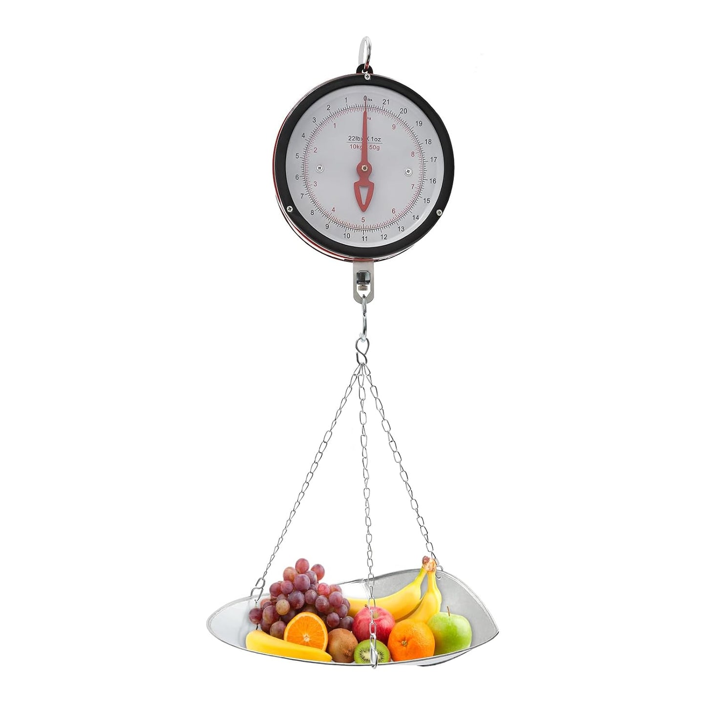 Double-Sided Dial Hanging Scale 22LBS, Mechanical Hanging Scale with Scoop and Chain, Large Display Spring Dial Weight Scale, High Accuracy Weight Scale for Farm, Kitchen Food and Produce (Red)