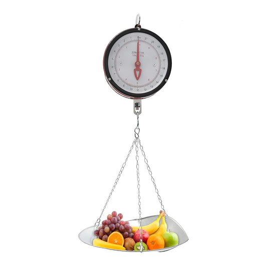 Double-Sided Dial Hanging Scale 22LBS, Mechanical Hanging Scale with Scoop and Chain, Large Display Spring Dial Weight Scale, High Accuracy Weight Scale for Farm, Kitchen Food and Produce (Red)
