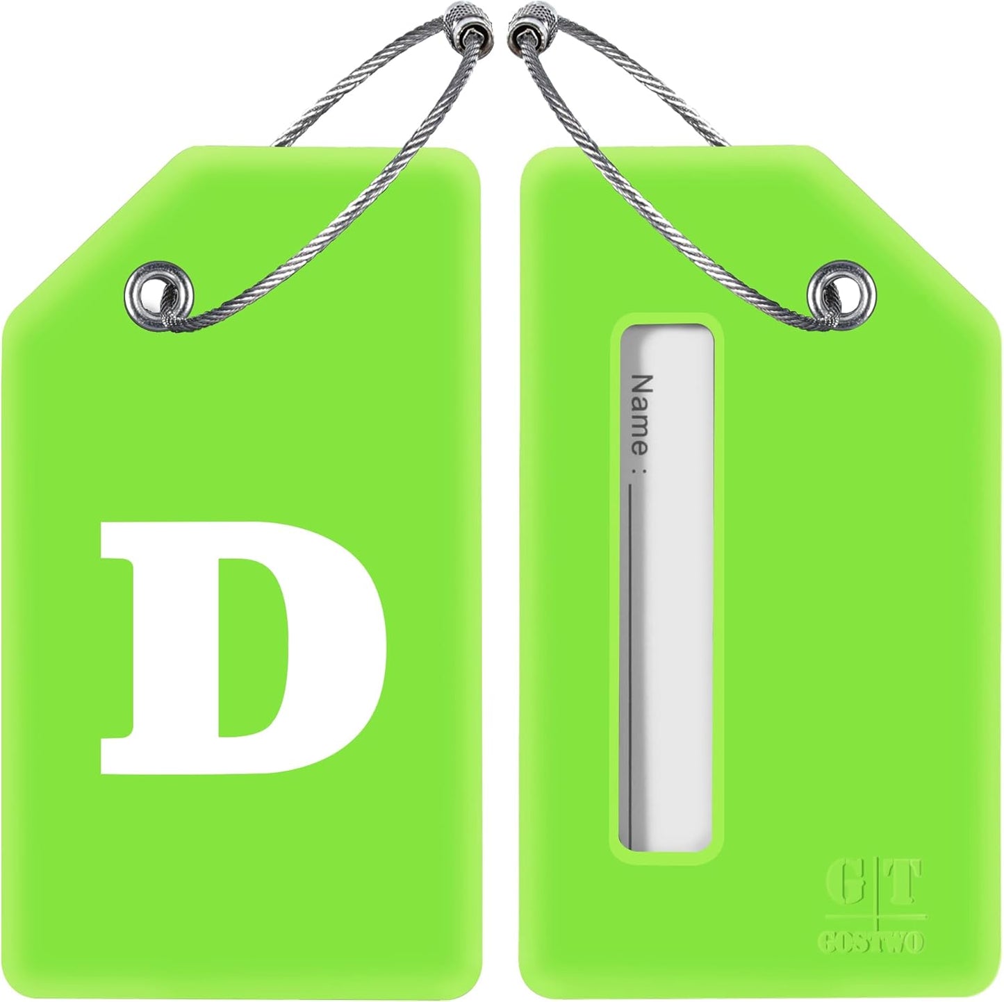 Gostwo 2 Pack Silicone Luggage Tags for Suitcases, 26 Initial Letter Baggage Labels Handbag School Bag Suitcase Instrument Tag with Stainless Steel Loop(Green)(Letter D)