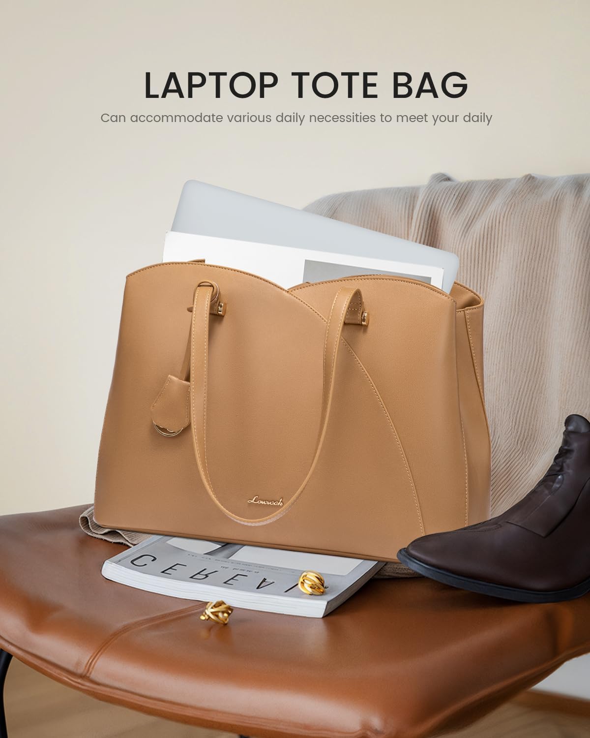 LOVEVOOK Laptop Tote Bag for Women 17.3 Inch, Teacher Work Tote Bags Laptop Bag, Leather Computer Bag Large Purses Handbag Professional Briefcase, Camel