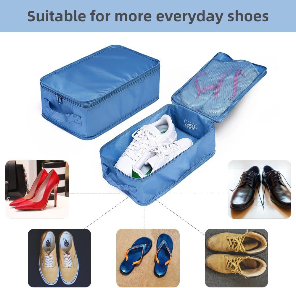 Travel Shoe Bags, Foldable Waterproof Shoe Pouches Organizer-Double Layer (2+2 Seablue Shoebags)