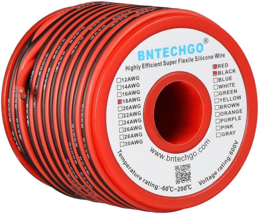 BNTECHGO 18 Gauge Flexible 2 Conductor Parallel Silicone Wire Spool Red Black High Resistant 200 deg C 600V for Single Color LED Strip Extension Cable Cord,Model,50ft Stranded Tinned Copper Wire
