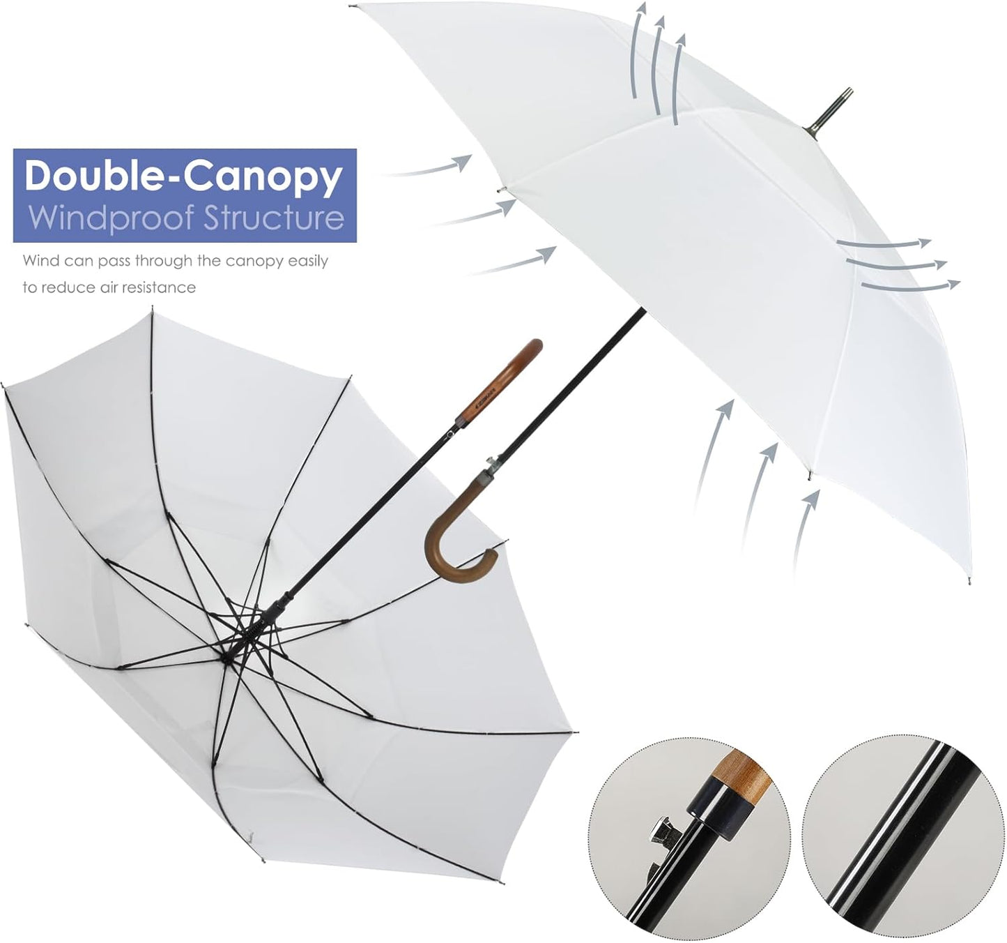ZEKAR Wooden J-Handle Umbrella, 54/62 / 68 inch, UV & Classic Versions, Large Windproof Stick Umbrella, Auto Open for Men and Women Golf umbrella (white, 54”Black-pack-of-2)