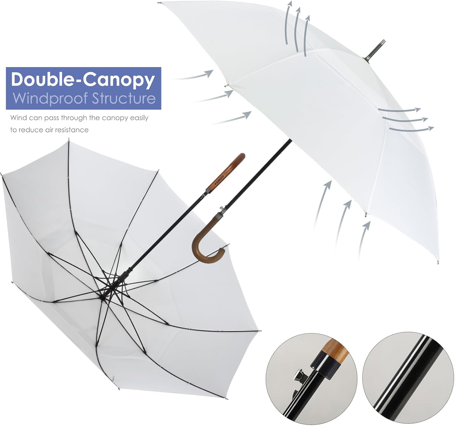ZEKAR Wooden J Handle Umbrella, 54 inch, Large Windproof, Wedding Umbrella (white, 54”)
