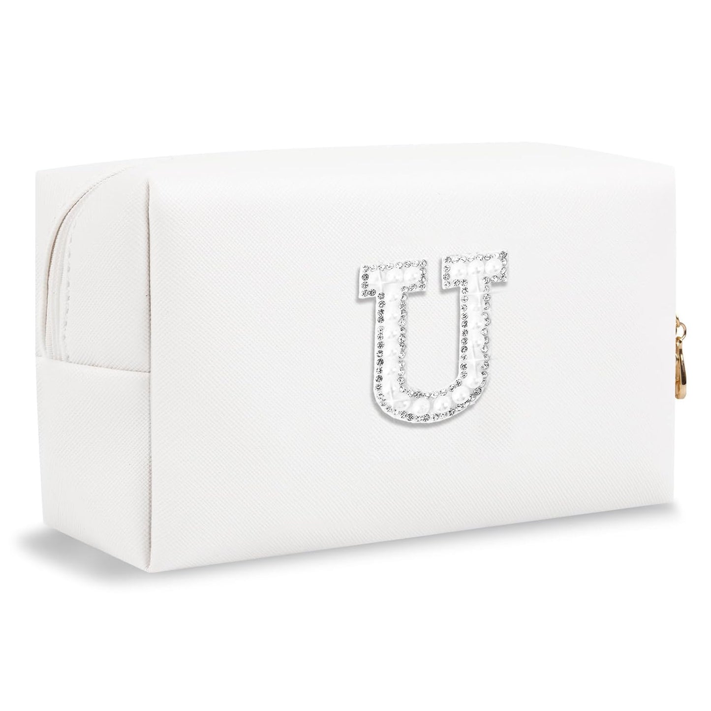 Bride Gifts – Personalized Initial Makeup Bag with Pearl Rhinestone Patch, Preppy White Monogram Cosmetic/Toiletry Pouch, bridesmaid Gifts, Bridal Shower Gifts, Wedding Gifts, Bridal Gifts,U