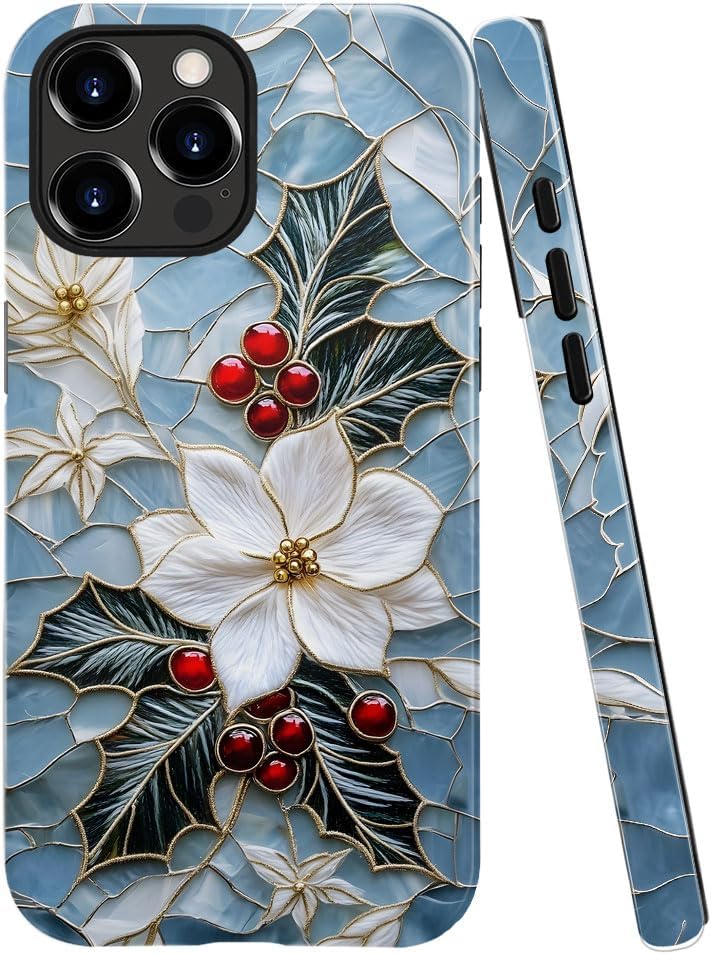 Case for iPhone 15 Pro Max - Slim Fit Anti-Scratch Phone Case for Girl Women - Christmas Holly Elegant Winter Floral (Glossy)