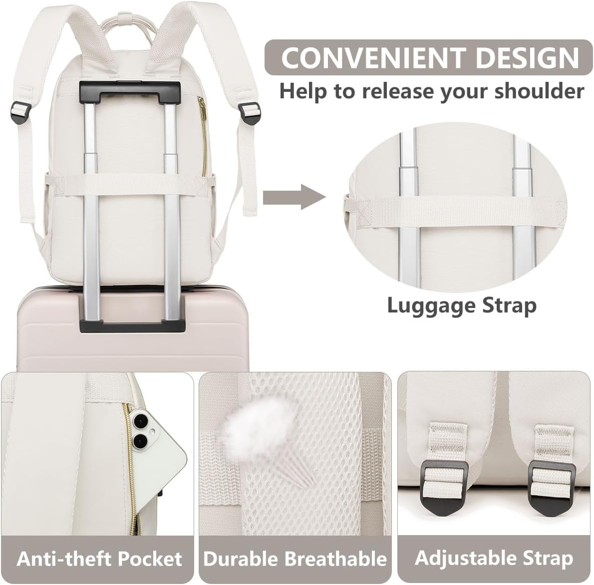 Laptop Backpack for Women Work Bag - 15.6 inch Travel Backpack with USB Charger Business Computer Backpacks for Office College Back pack for Teacher Casual Waterproof Bookbag for Nurses Beige