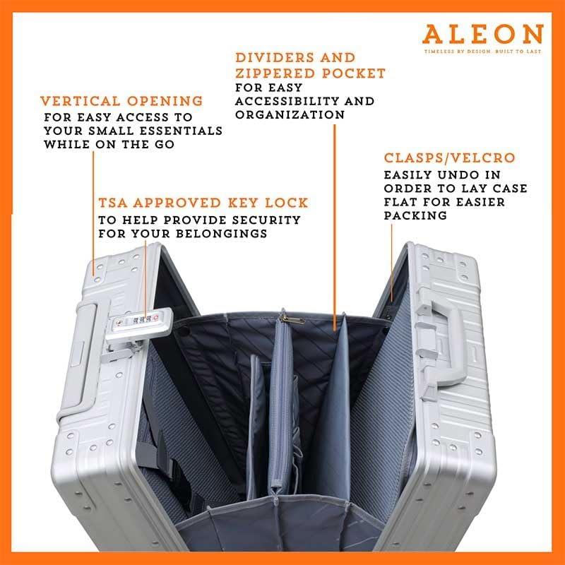 All-Aluminum 21" Vertical Carry-On Business Briefcase, TSA-Approved Hardshell Case, Spinner Wheels, Laptop Compartment, Aluminum Frame Cabin Bag for Travel & Business, Durable & Sleek (Platinum)