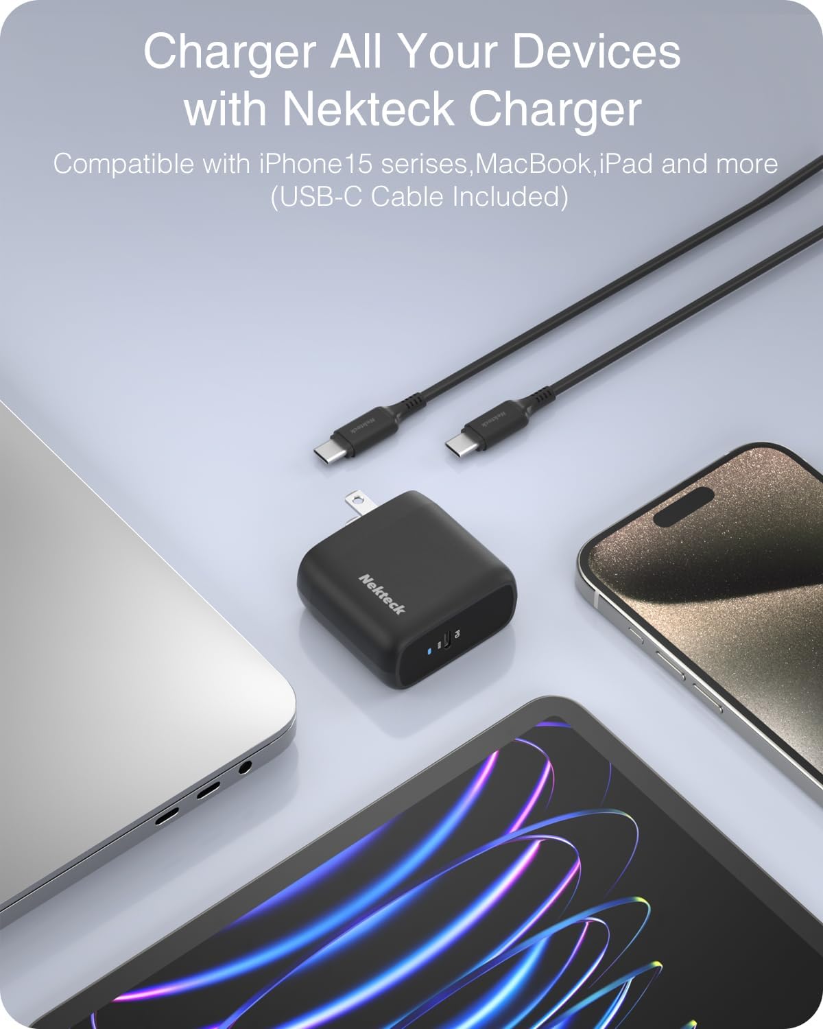 Nekteck 65W GaN II USB-C Fast Charger [USB-IF Certified] - PD 3.0 PPS, Foldable & Compact, 6.6ft Cable - Compatible with iPhone 15, MacBook Air/Pro, iPad, Galaxy S21/S20 & More