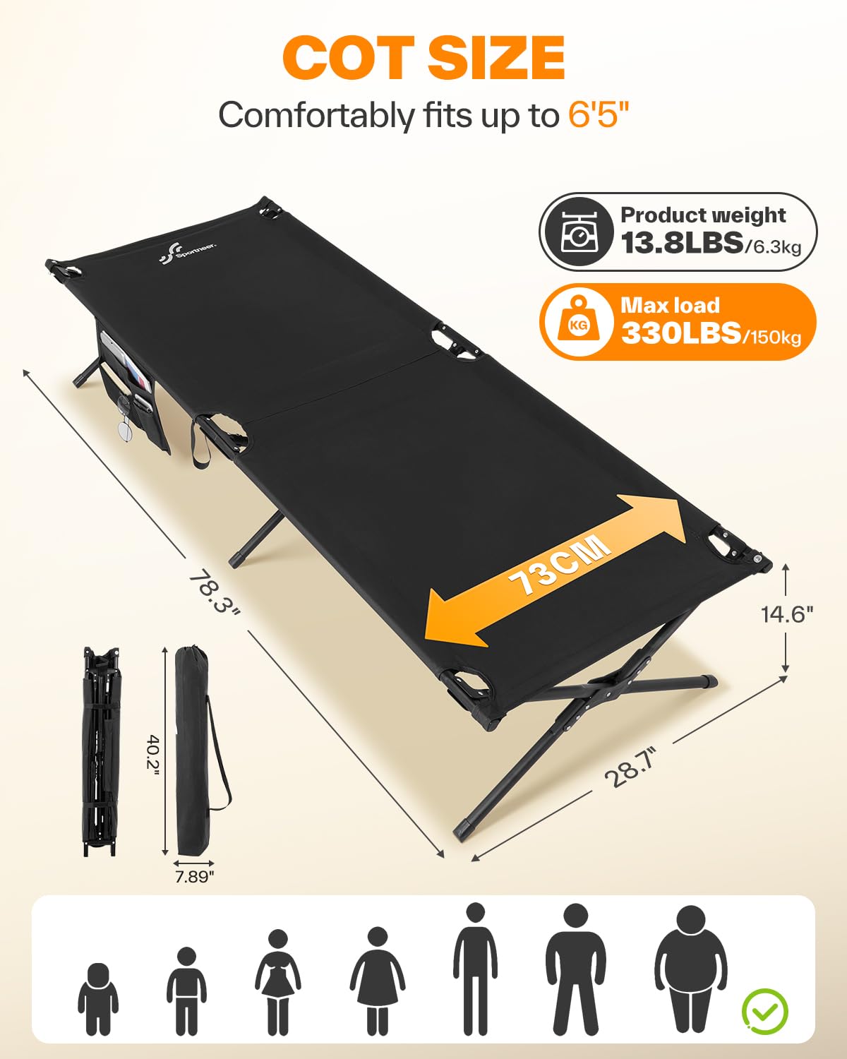 Sportneer Camping Cot: 78.3"x28.7"x14.6" Comfort Cot Bed for Camping Traveling Guest Bed, Sleeping