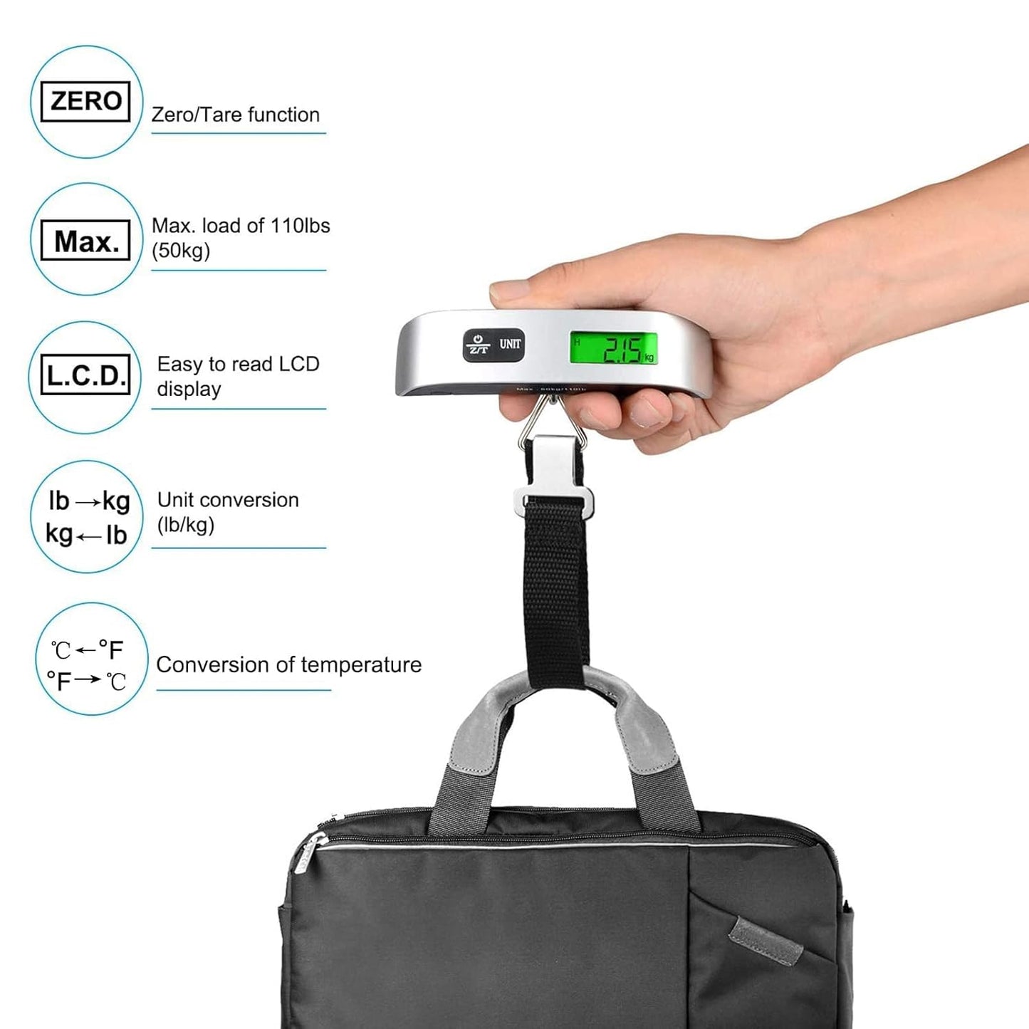 Digital Luggage Scale, Handheld Suitcase Scale with Backlit LCD Display, 110 lbs/50kg Portable Baggage Weighing Scale with Temperature Sensor for Travelers