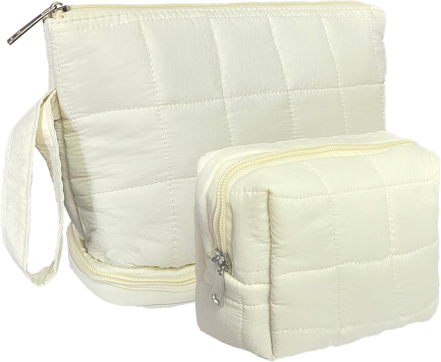 White Puffy Puffer Makeup Bag for Purse Small Makeup Pouch Quilted Cosmetic Bag Cute Cotton Toiletry Pouch Bag for Women