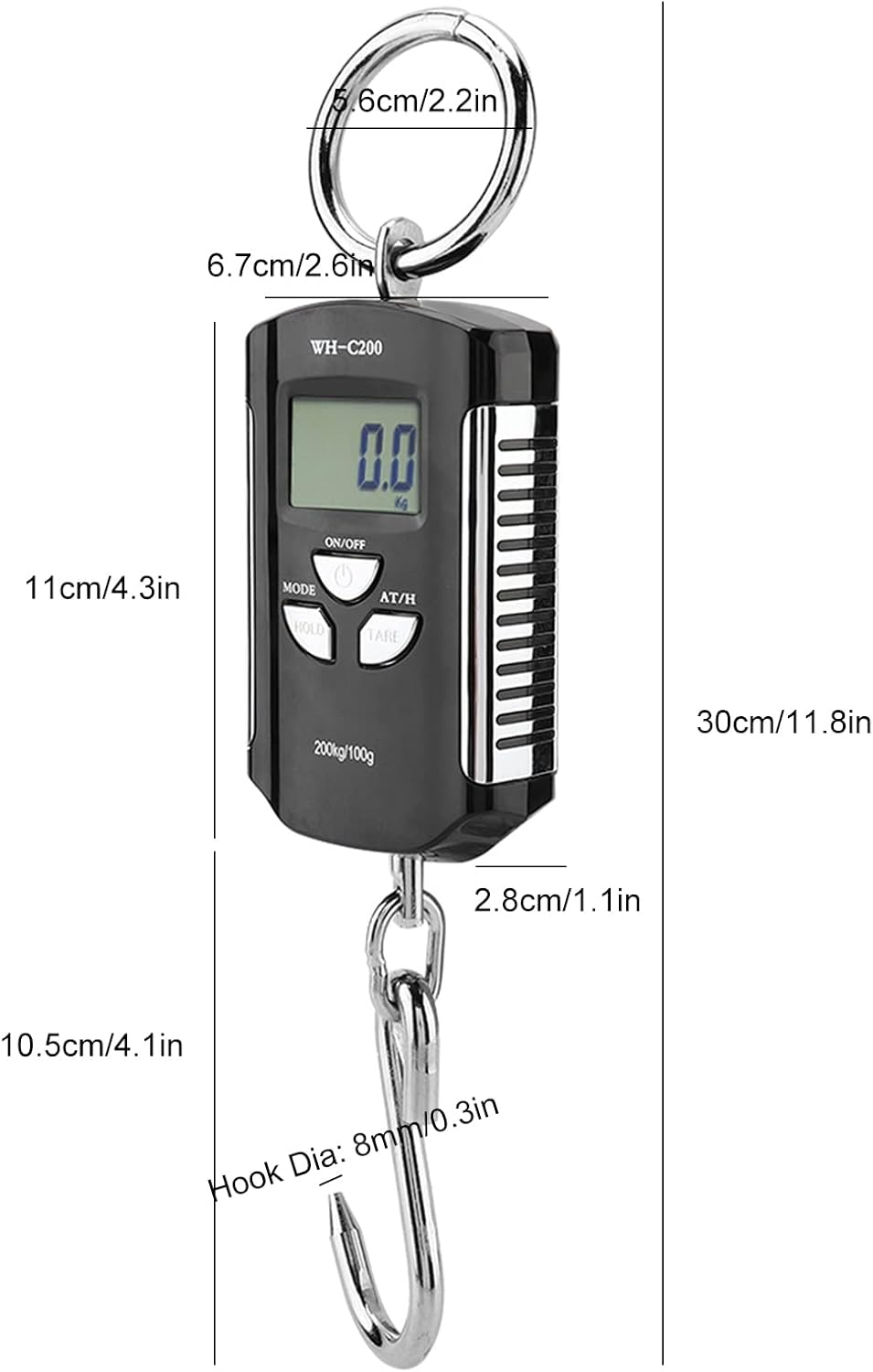 Digital Fish Scale, 200kg Digital Hanging Scale with Hook Backlit LCD Display Travel Accessories for Portable Hanging Baggage (Silver Frame)