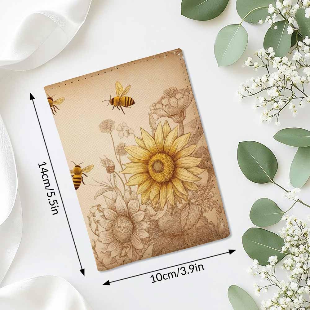 Honey Bees and Wildflowers Passport Holder for Travel Retro Abstract Sunflower Gardening PU Leather Passport Cover Wallet Cute Passport Card Holder for Women and Men