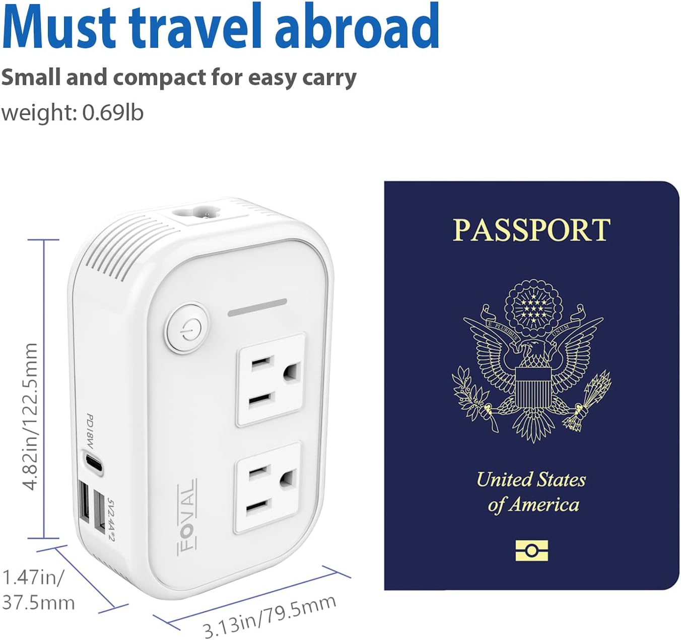 220V to 110V Converter Travel Adapter, FOVAL International Step Down Power Converter for Hair Straightener/Curler with 18W USB-C Port Voltage Converter US to Europe Italy UK AU China Plug (White)