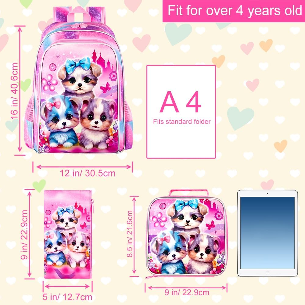 AGSDON 3PCS Backpacks for Girls, 16" Elementary Kids Cute Dog Backpack Preschool School Bookbags and Lunch Box