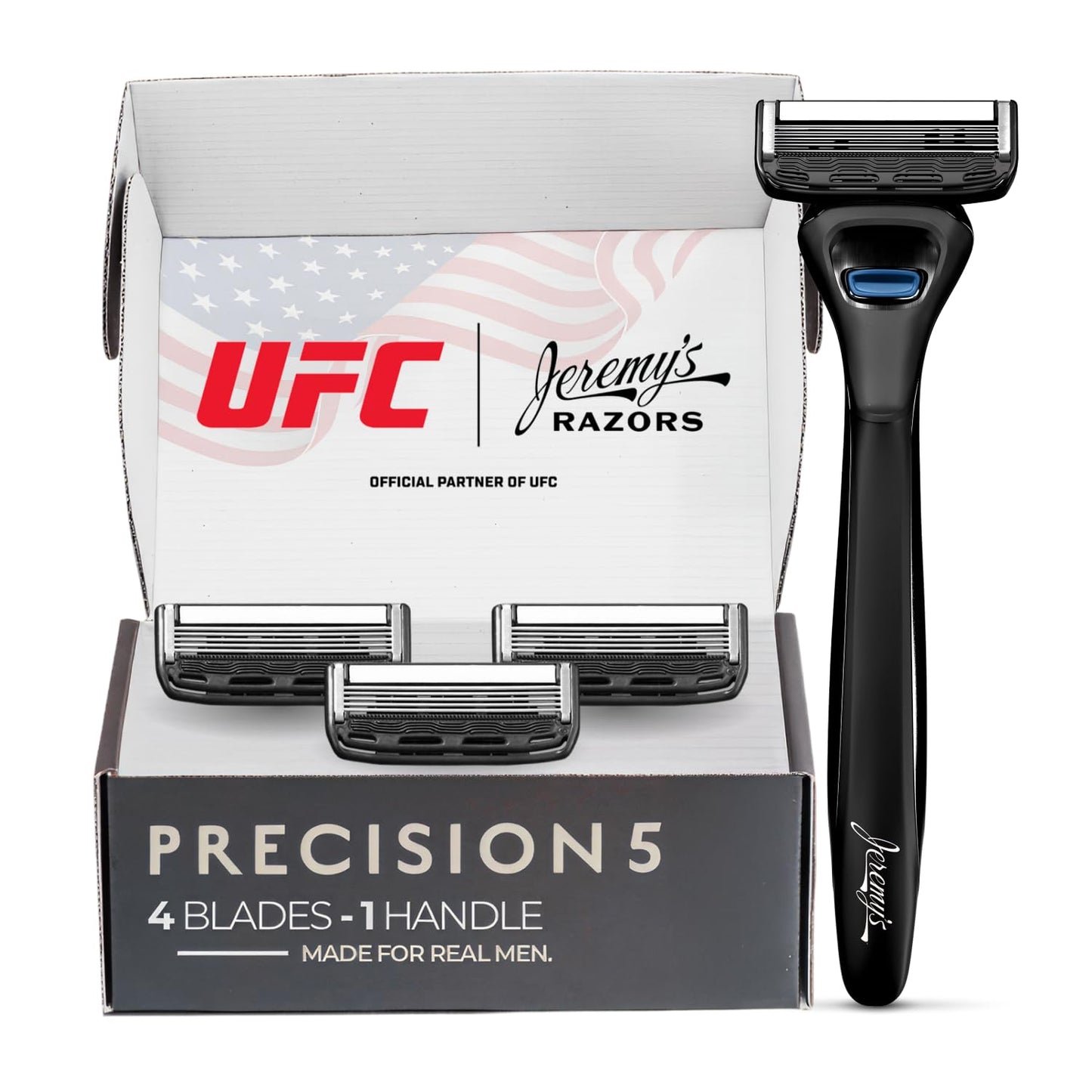 Jeremy's Razors for Men: Precision 5 Blade Razor - Stainless Steel Blades, Lubricating Strip, Precision Trimmer - Men's Shaving Kit, Travel Face Body Head Shavers (1 Razor 4 Cartridges)