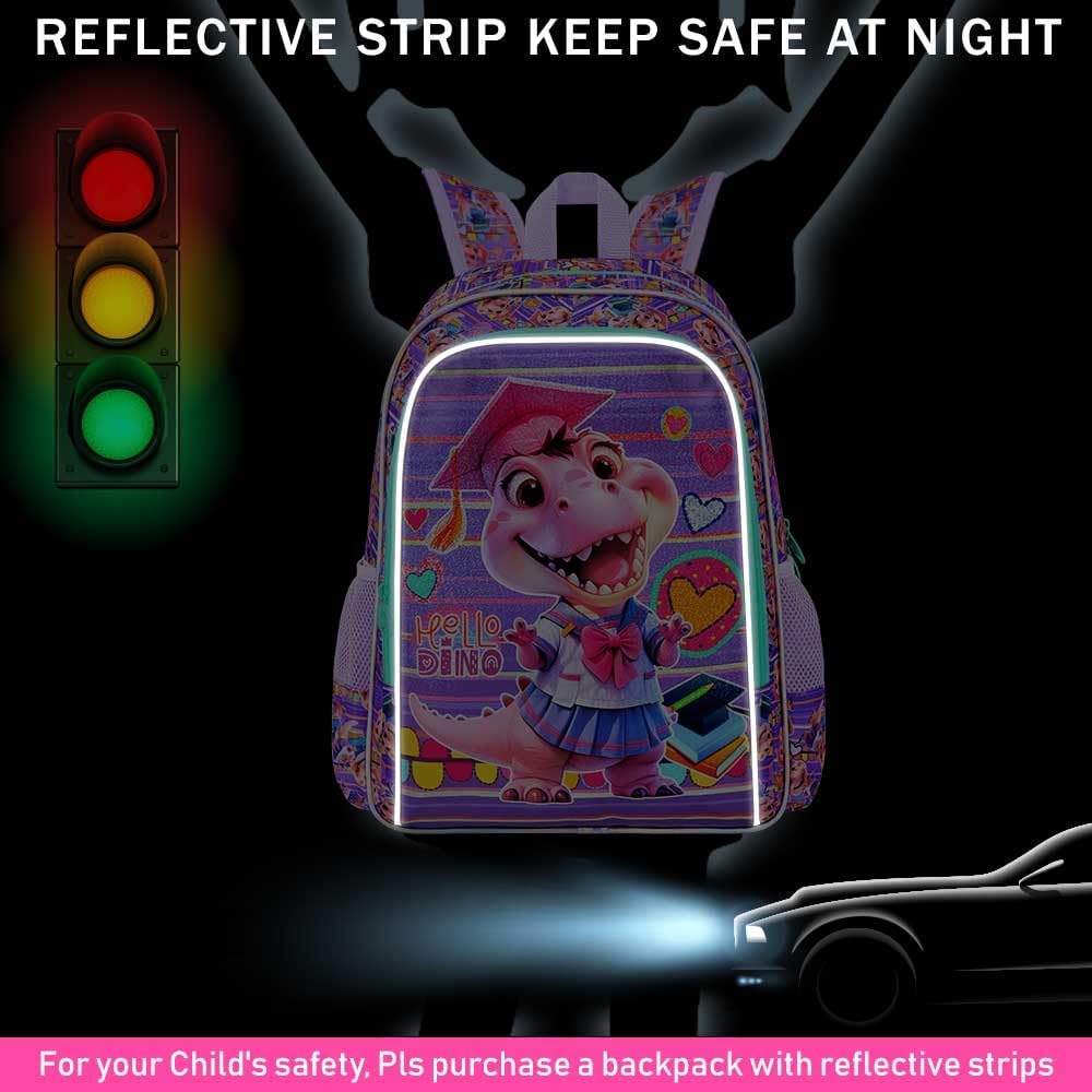 3PCS Girls Dinosaur Backpack, 16" Kids Bookbag with Lunch Box, Water Resistant Elementary Prechool