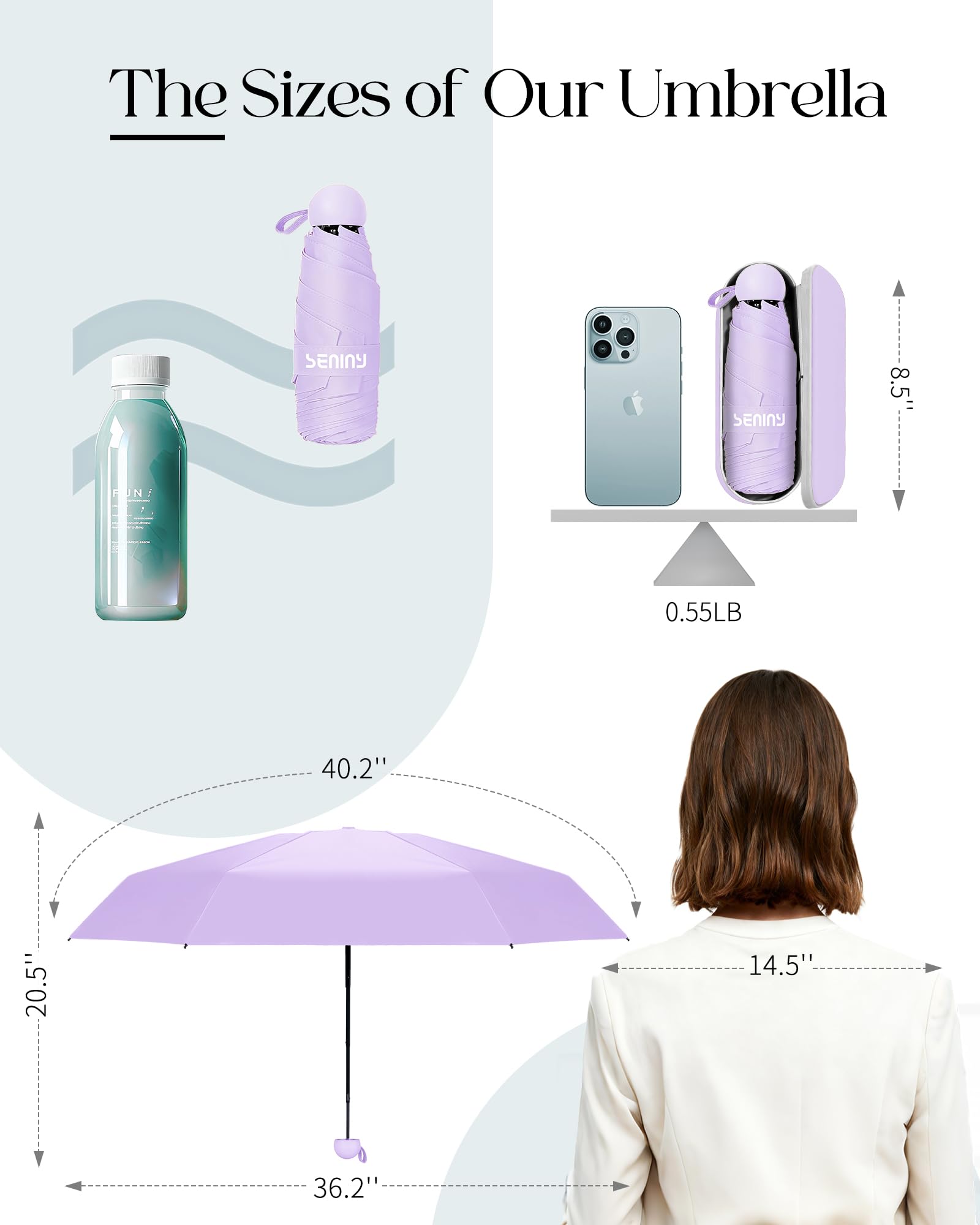 Seniny Mini Travel Umbrella with Case, Compact Pocket Size UV Sun & Rain