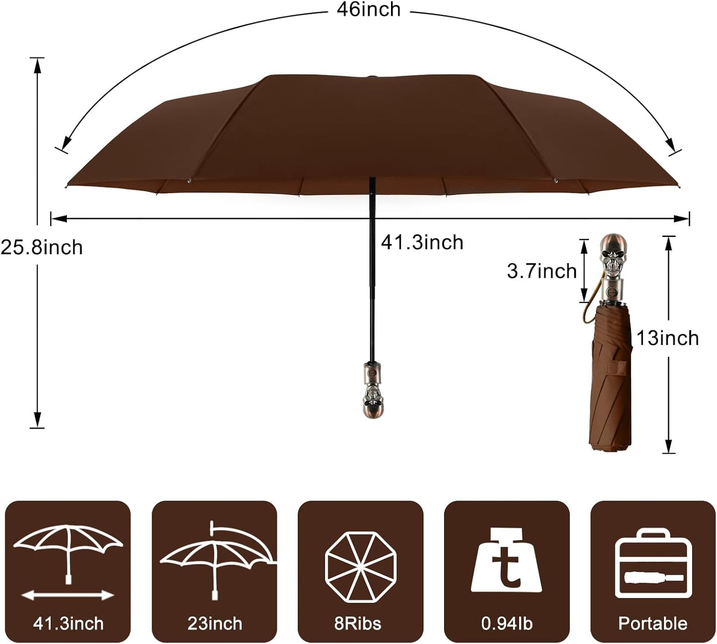 Lejorain Mens Black Skull Umbrella - Automatic Luxury Travel Windproof Umbrella Compact - Portable Strong Lightweight Rain Umbrella for Adults