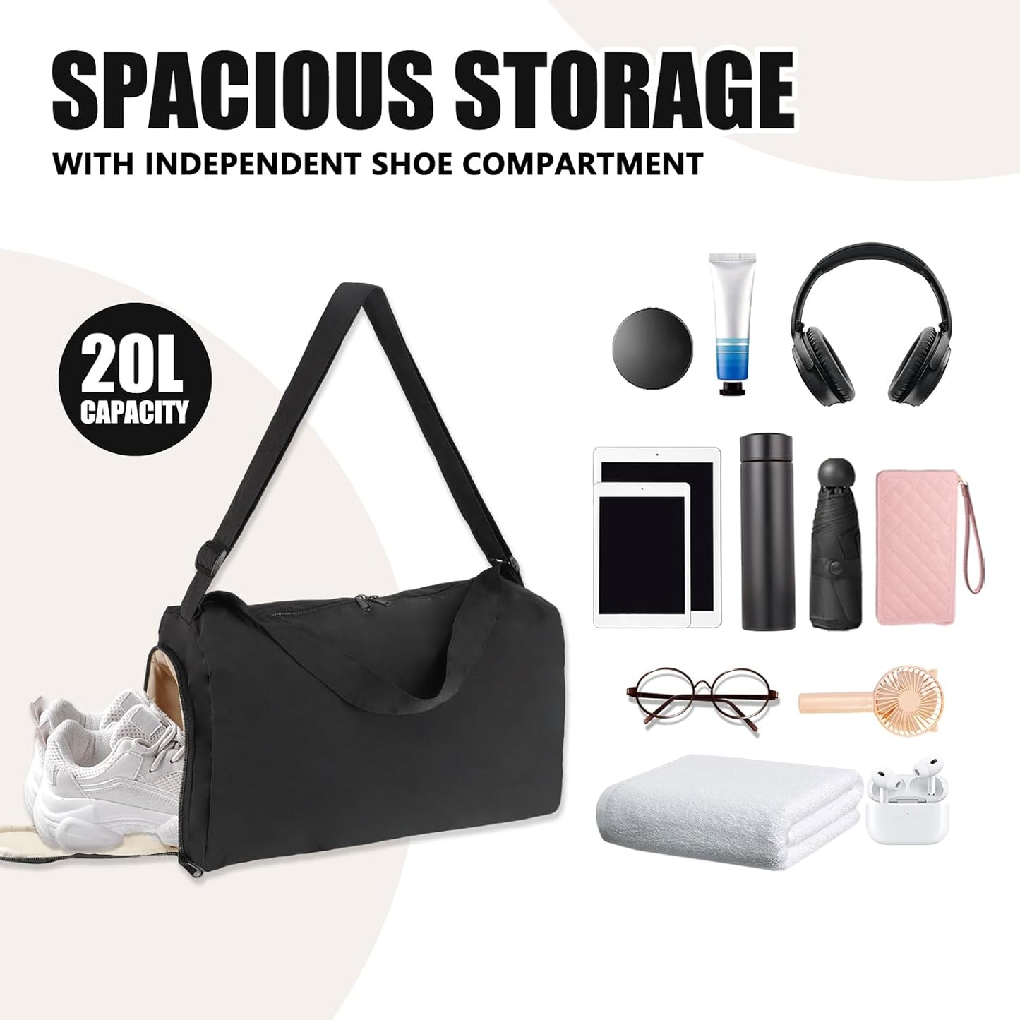 Small Gym Bag for Women with Shoes Compartment and Wet Pocket, Lightweight Travel Duffel Overnight Bags for Women & Men, Weekend Carry on Bag - Sport Yoga Swimming Dance(Black)
