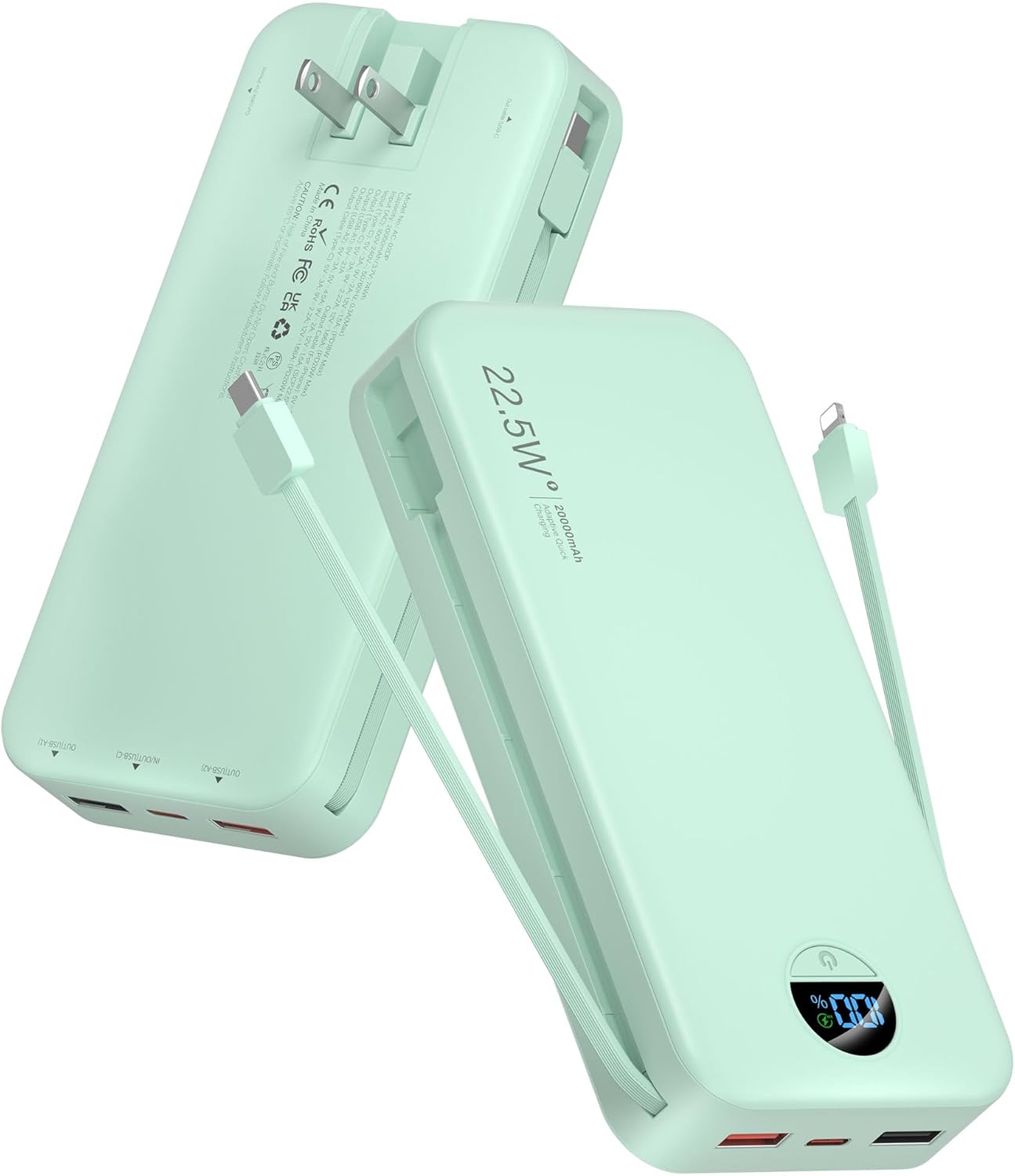 Portable Charger Power Bank, 20000mAh 22.5W USB C Fast Charging with Built-in Cables & Wall Plug, External Battery Pack with LED Display, Travel Essential for iPhone, iPad, Samsung Green