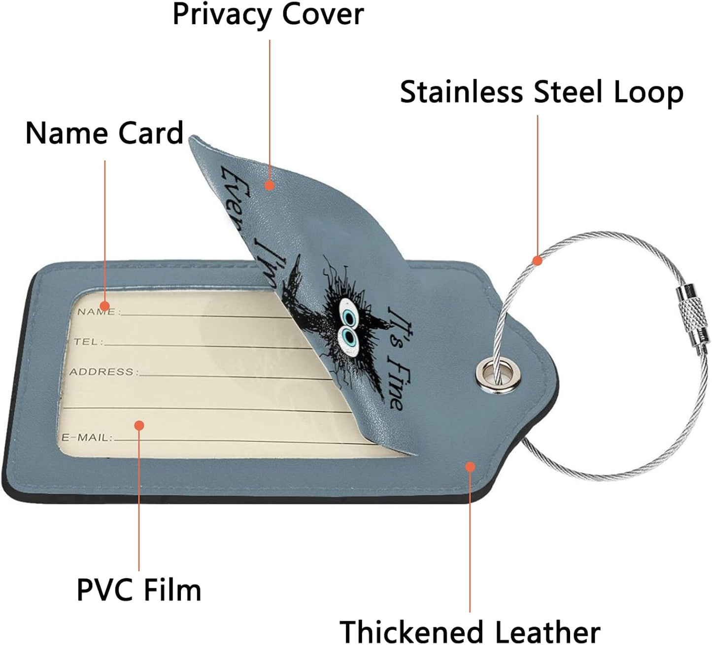 2 Pack Luggage Tags for Suitcase, Privacy Cover ID Label with Stainless Steel and Address Card for Travel Bag Backpack Cruise Ship Essentials Tag Women Men - I'm Fine Funny Cat