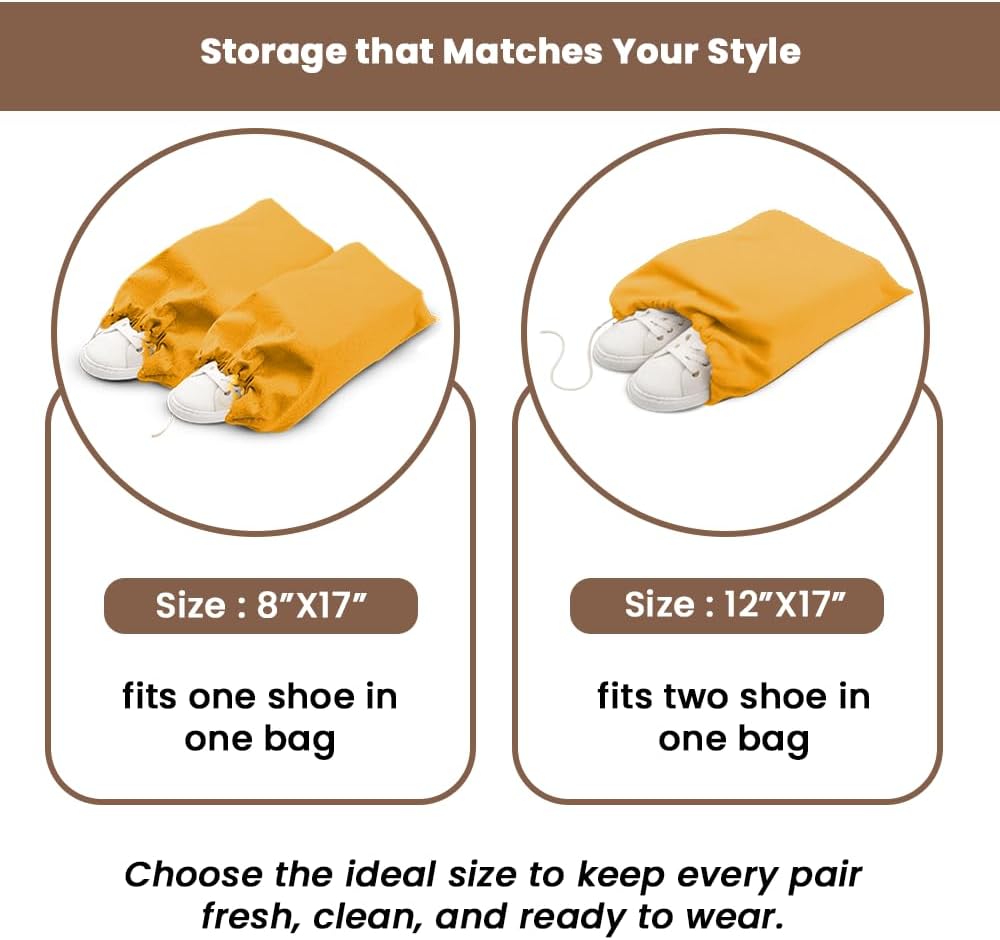 LFH Cotton Rich Shoe Storage Bags with Drawstring, Dustproof Breathable Reusable Organizer, Perfect For Travel, Dorm, Hotel, College, Gym, Easy to Carry, Machine Washable 8"x17" (Pack of 4) - Golden