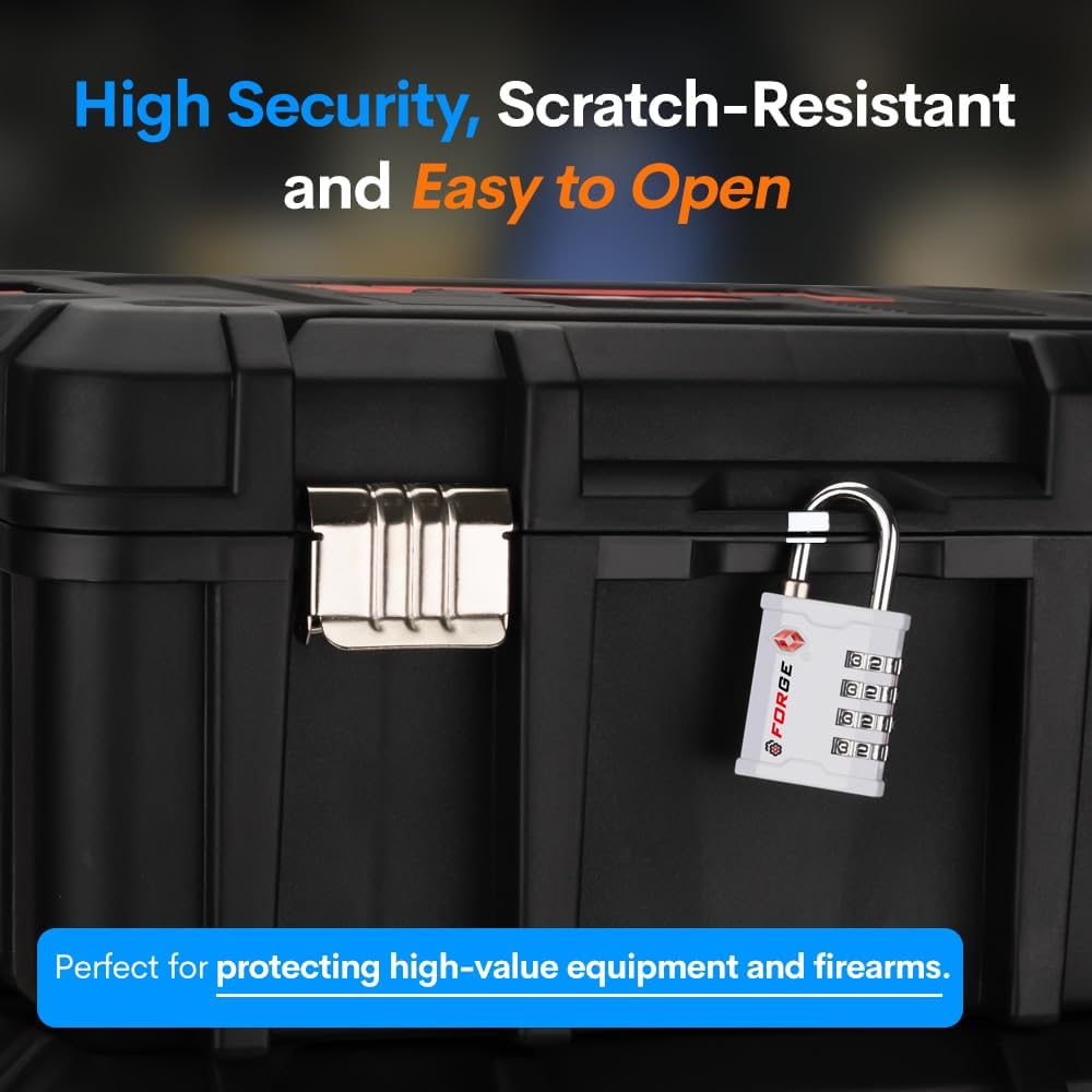 FORGE 4 Digit TSA Approved Combinaiton Lock, Great for Tool Box and Case Lock, Combination Padlock for Travel, White 1 Lock.