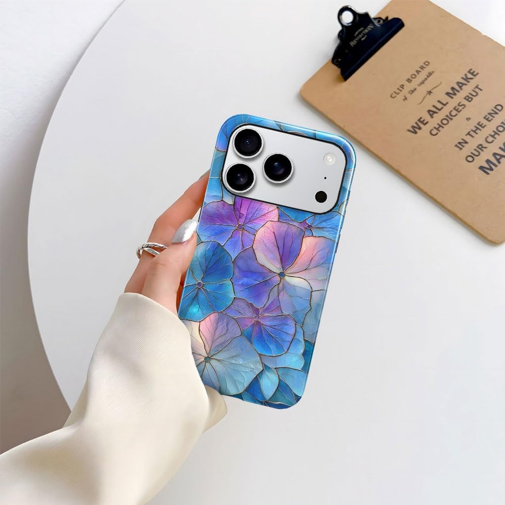 Case for iPhone 17 Pro - Slim Fit Anti-Scratch Phone Case for Girl Women - Blue Hydrangea Floral Stained Glass Aesthetic (Glossy)