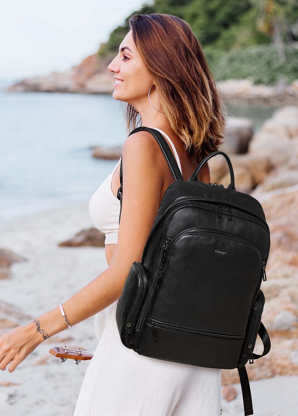 Computer Backpack for Women Soft Leather Back pack with 15.6 inch Laptop Compartment, Designer Ladies Travel Backpack, Black