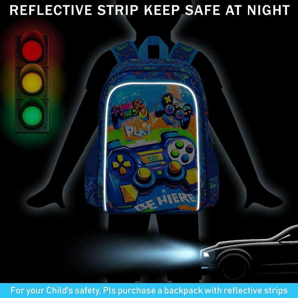 Gamer Backpack for Boys, 16" Kids Bookbag with Lunch Box, 3Pcs Gaming School Backpacks for Elementary Preschool Kindergarten (Blue)