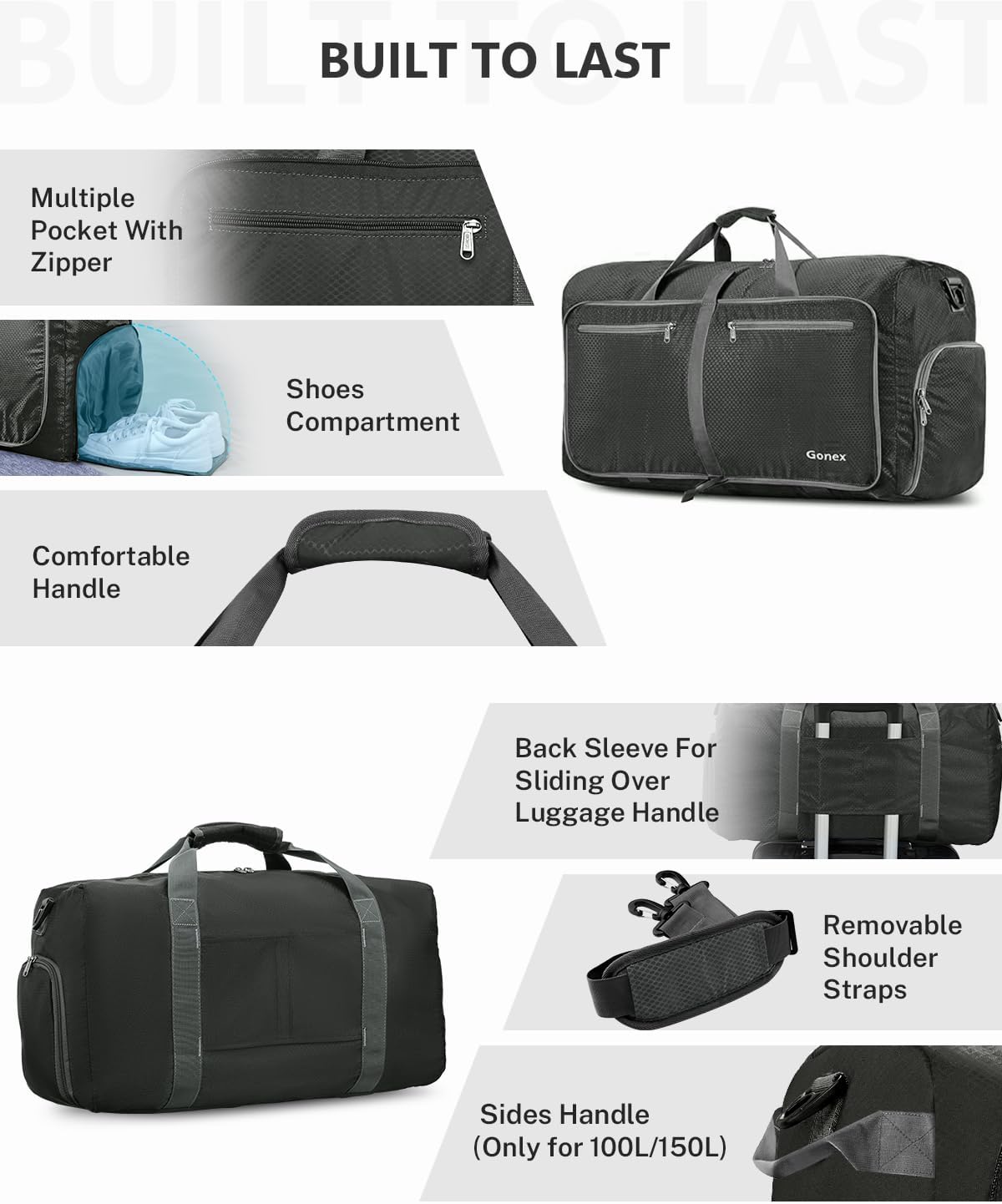 Gonex 40L 60L 80L 100L 150L Large Foldable Travel Duffle Bag with Shoes Compartment, Packable