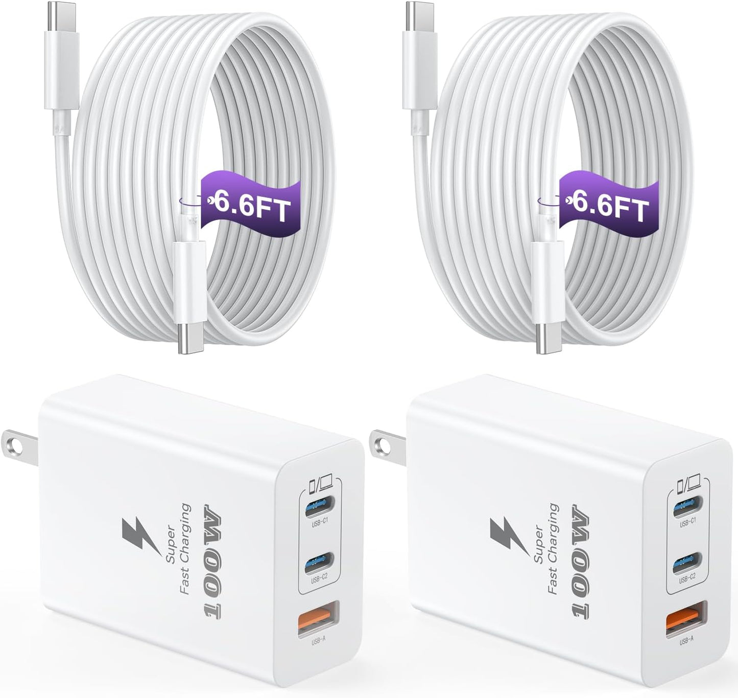 USB C Charger Block 100W, 3-Port GaN Super Fast Charger, Type C Wall Charger Adapter with 6.6ft USB C Charging Cable for MacBook Pro/Air,iPad Pro, i-Phone 16/15Pro, Galaxy S24/S23 and More[2 Pack]