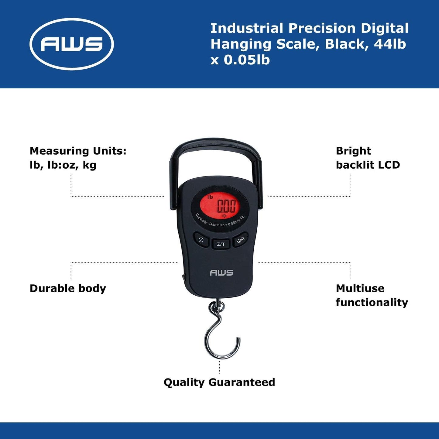 American Weigh Scales PK-110 Digital Hanging Scale – 110lb x 0.1lb Capacity, Red Backlit LCD Display, Portable Electronic Luggage & Fishing Scale (Black)