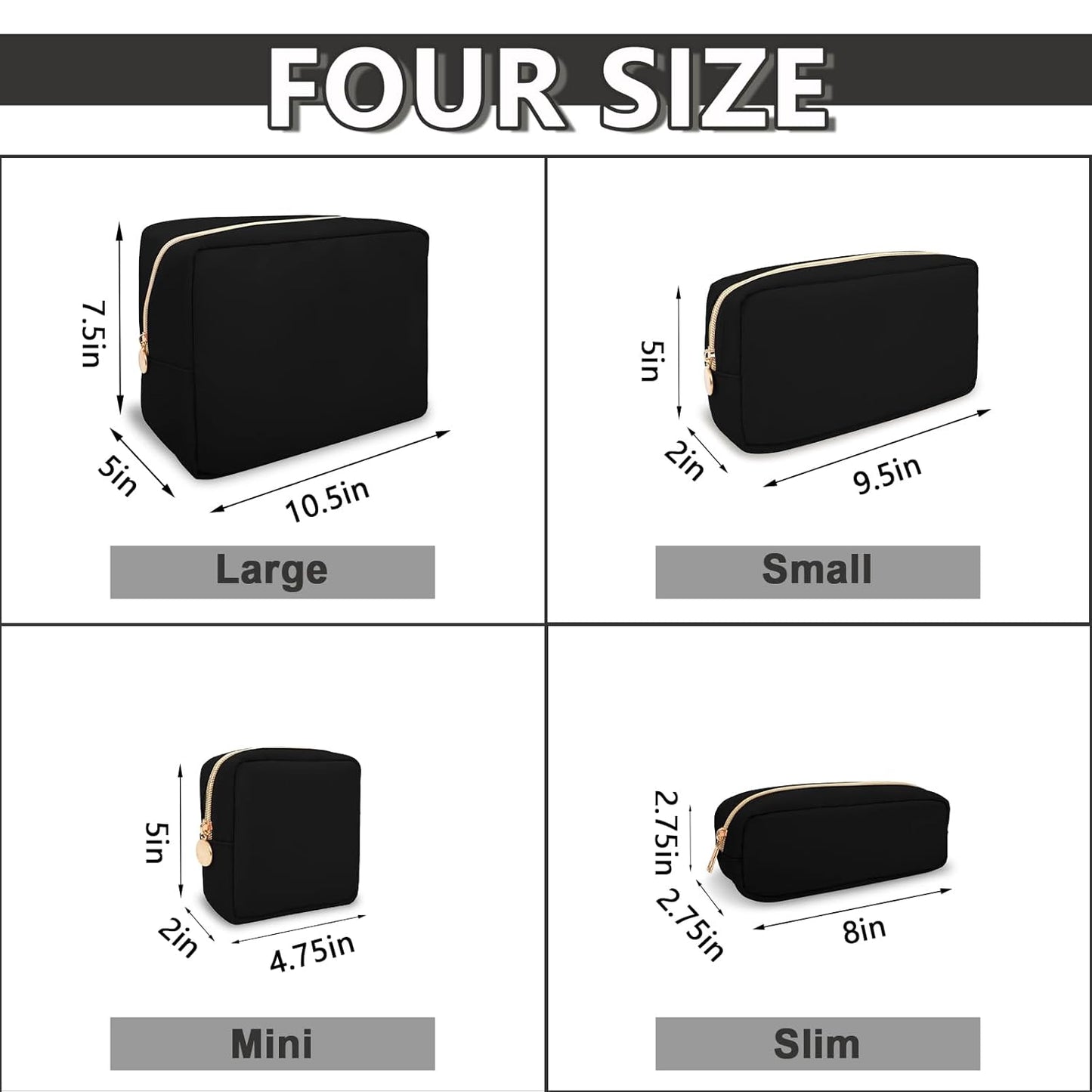 Waterproof Large Makeup Pouch,Nylon Women Travel Toiletry Storage Preppy Cosmetic Bag for Girls,Big Makeup Organizer Bag Cute Zipper Pouch for Sport Work Gift(Large-Black)