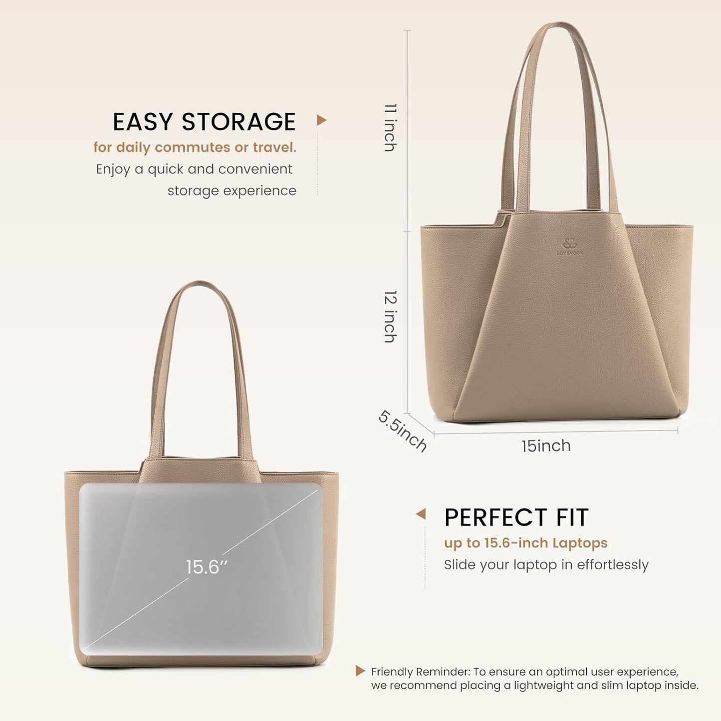 LOVEVOOK Laptop Tote for Women - 15.6 Inch Faux Leather Laptop Bag with Clutch, Large Capacity Office Purse Computer Briefcase for Casual Business Travel,Sandy