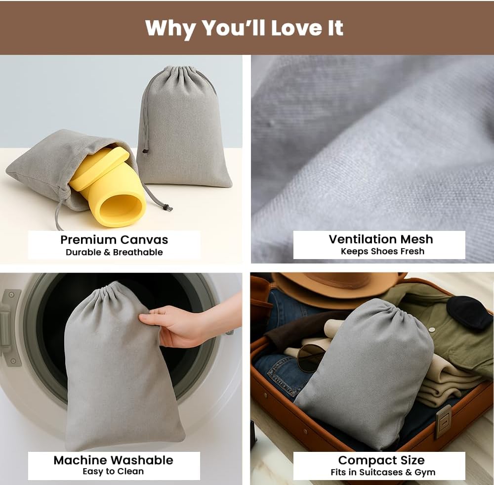 LFH Cotton Rich Shoe Storage Bags with Drawstring, Dustproof Breathable Reusable Organizer, Perfect For Travel, Dorm, Hotel, College, Gym, Easy to Carry, Machine Washable 8"x17" (Pack of 2) - Grey