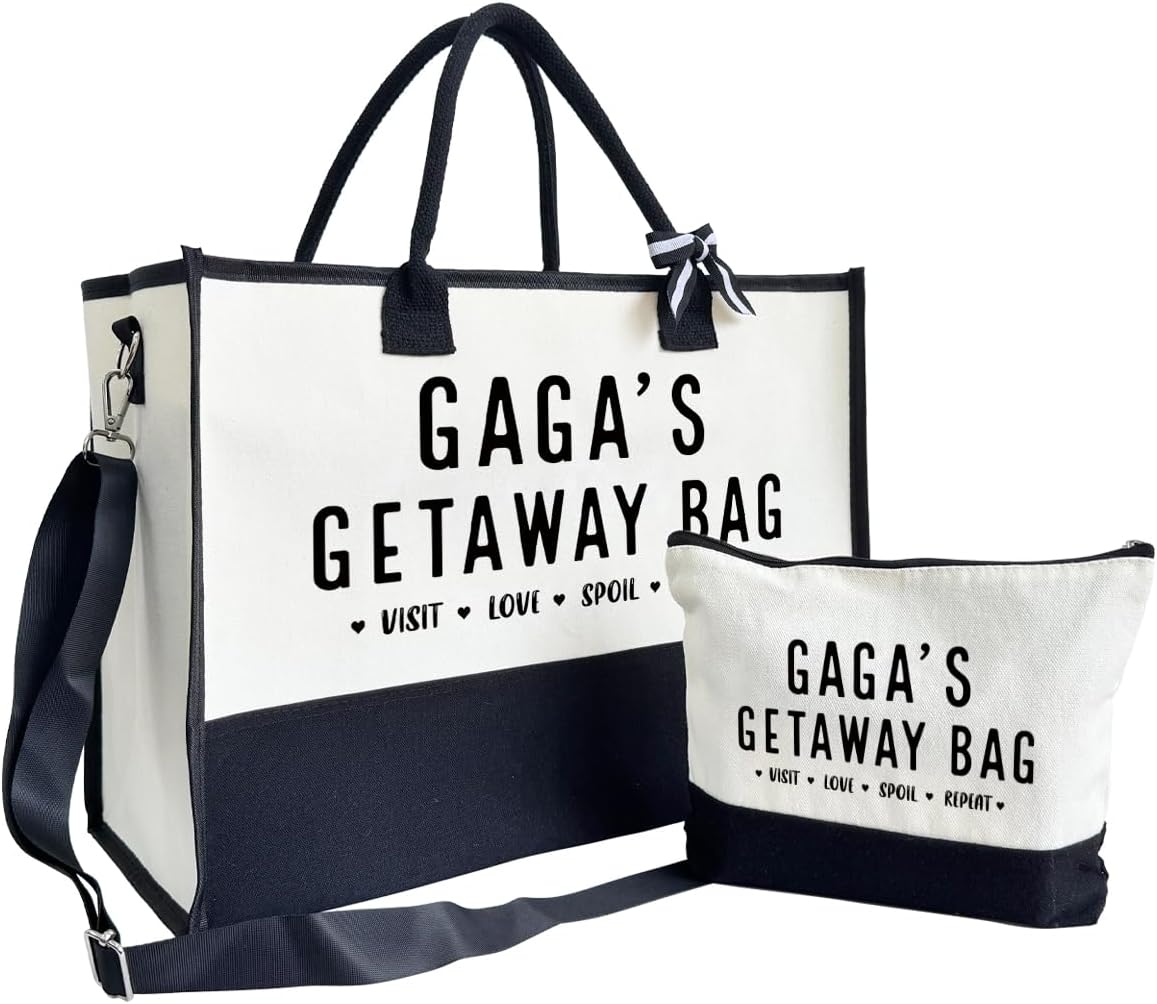 SUSZDOU GAGA Gift, GAGA's Getaway Bag, Canvas Beach Bag, Canvas Tote Bag for Women Picnic Shopping Holiday or Camping Tote, Fun Grandma Gift Idea, Birthday or Mother’s Day Present for Grandparents