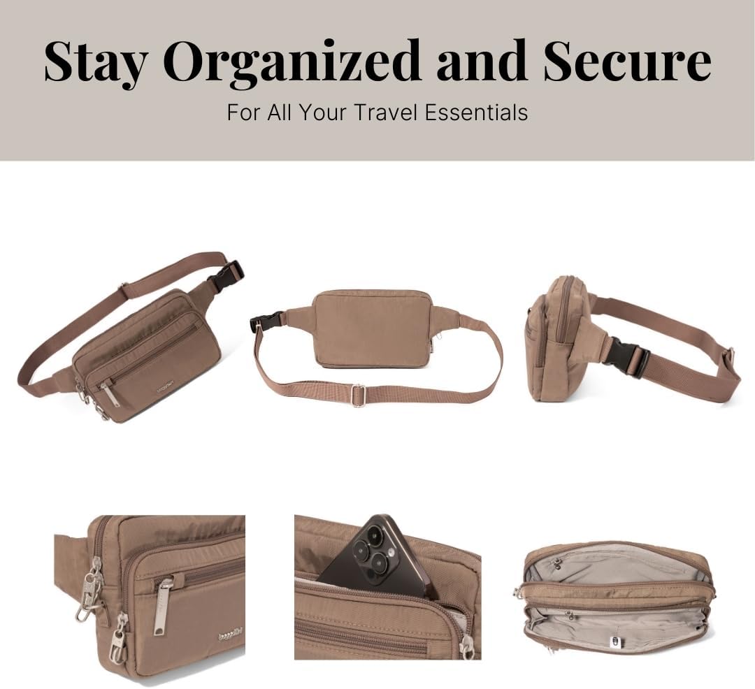 Baggallini Securtex Anti-Theft Belt Fanny Pack for Women RFID Wallet Locking Zipper-Travel Bag Crossbody Purse