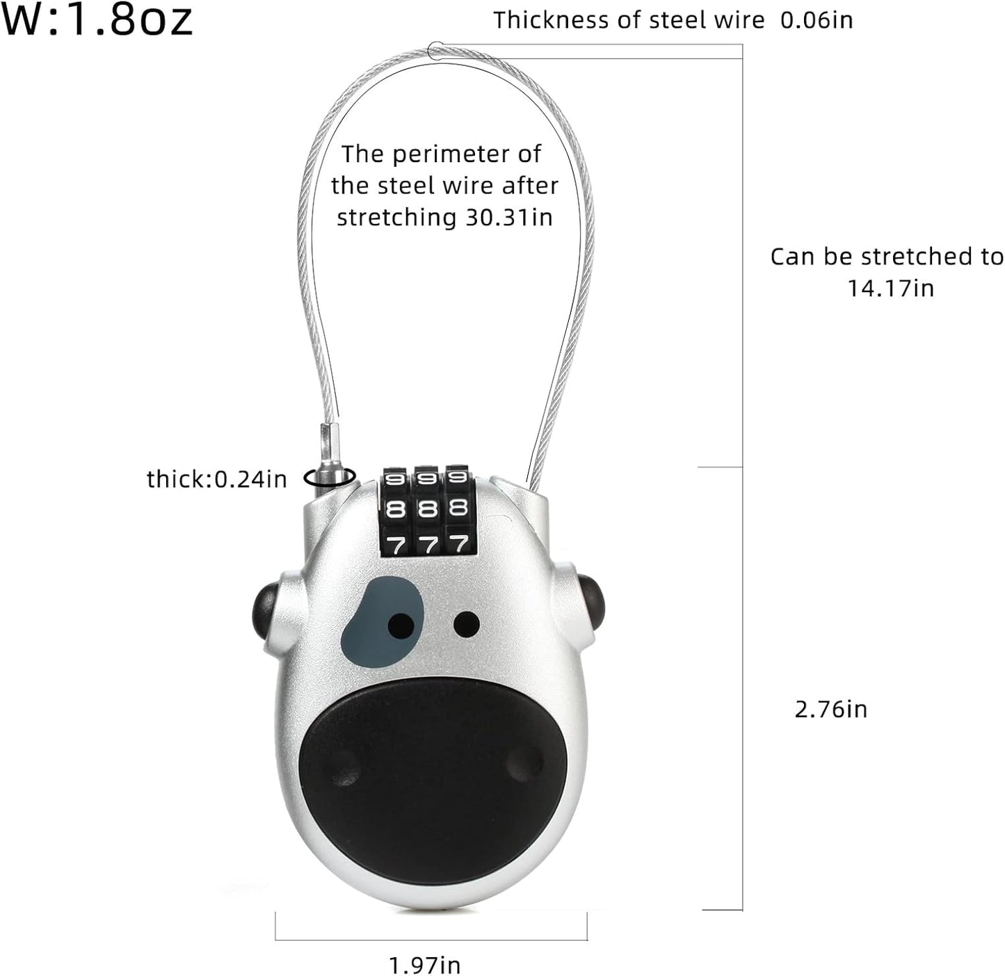 Wire Combination Lock Cable Retractable, Ideal for Chaining Multiple Travel Cases, Luggage, Backpacks, Cycling Helmets, Strollers, Playground Sports Bags, etc. (Silver)