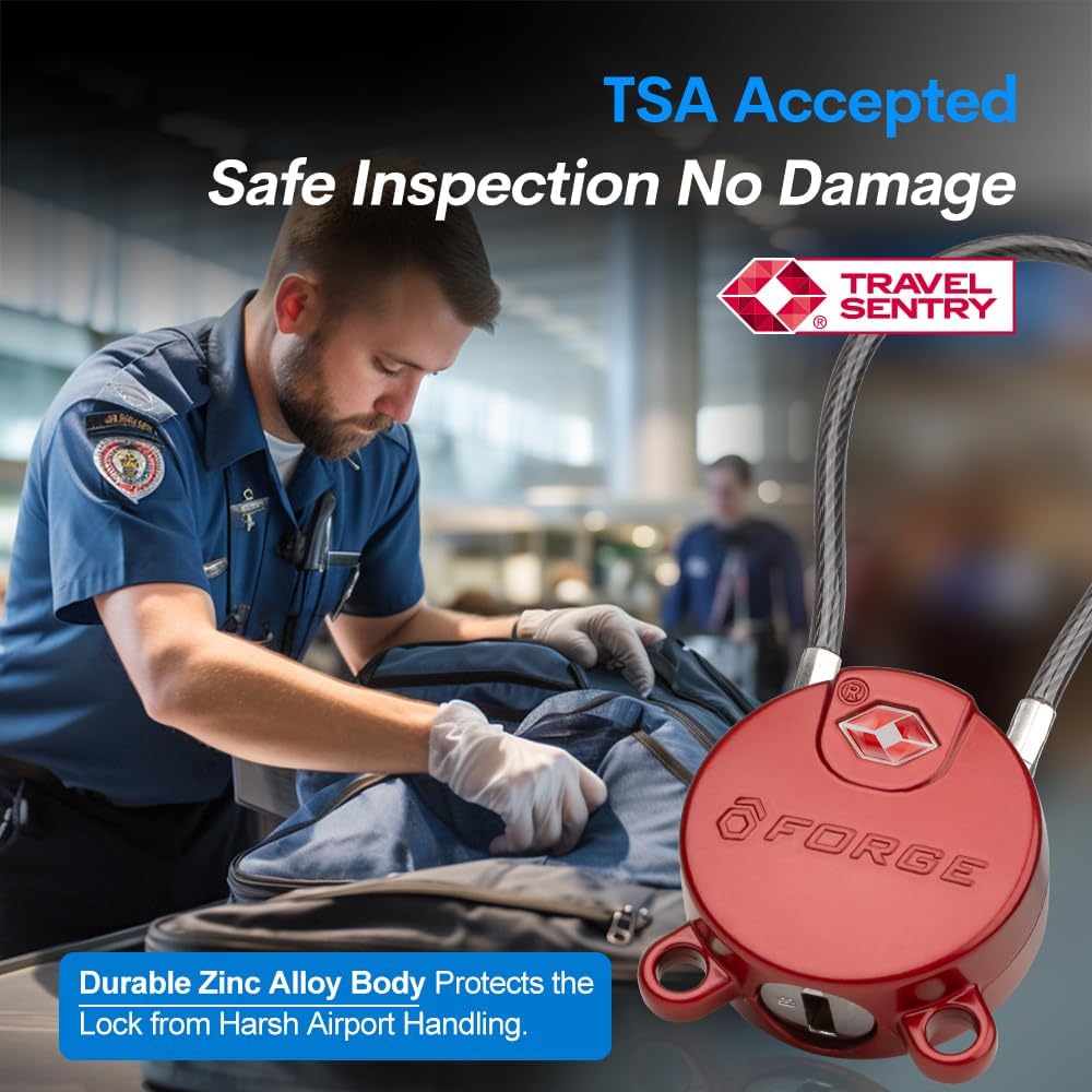 Forge TSA Approved Luggage Locks Ultra-Secure Dimple Key Cable Locks for Travel with Zinc Alloy Body- 2 Red Locks