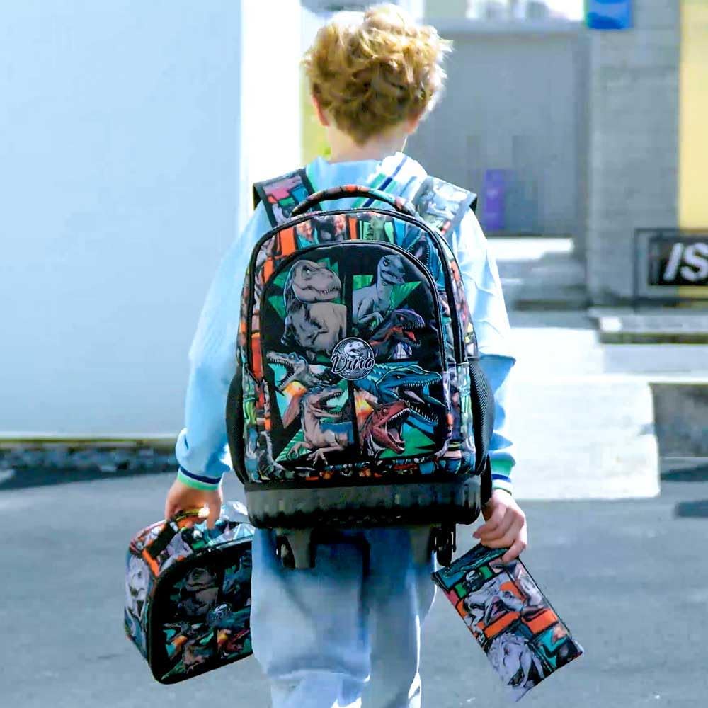 3PCS Rolling Backpack for Boys, 21 Inch Water Resistant Dinosaur Backpacks with Roller Wheels, Wheeled Bookbag for Teens Boys Elementary School Travel