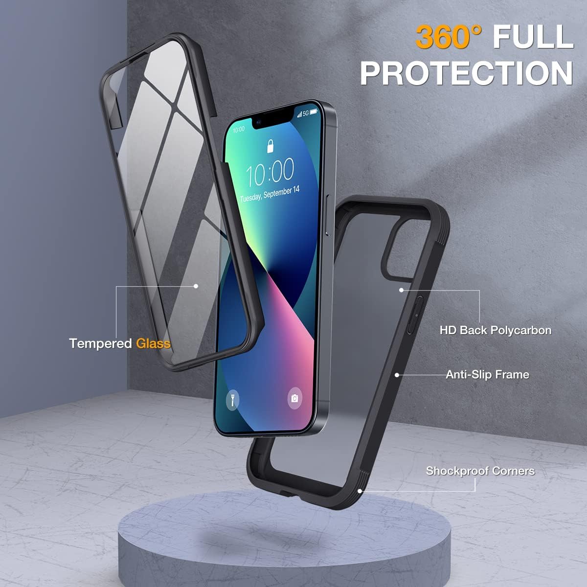 Miracase Compatible with iPhone 13 Mini case 5.4 inch, 2023 Upgrade Full-Body Glass Clear Case Bumper Case with Built-in 9H Tempered Glass Screen Protector for iPhone 13 Mini,Matte Black