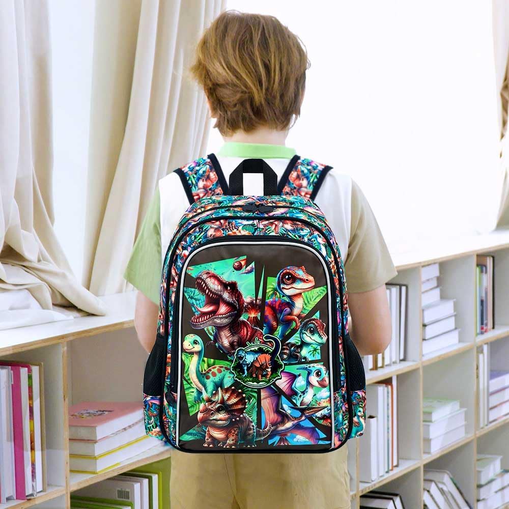 AGSDON 3PCS Backpacks for Boys, 16" Kids Dinosaur Bookbag for Elementary, Water Resistant Backpack Set with Lunch Box Pencil Case