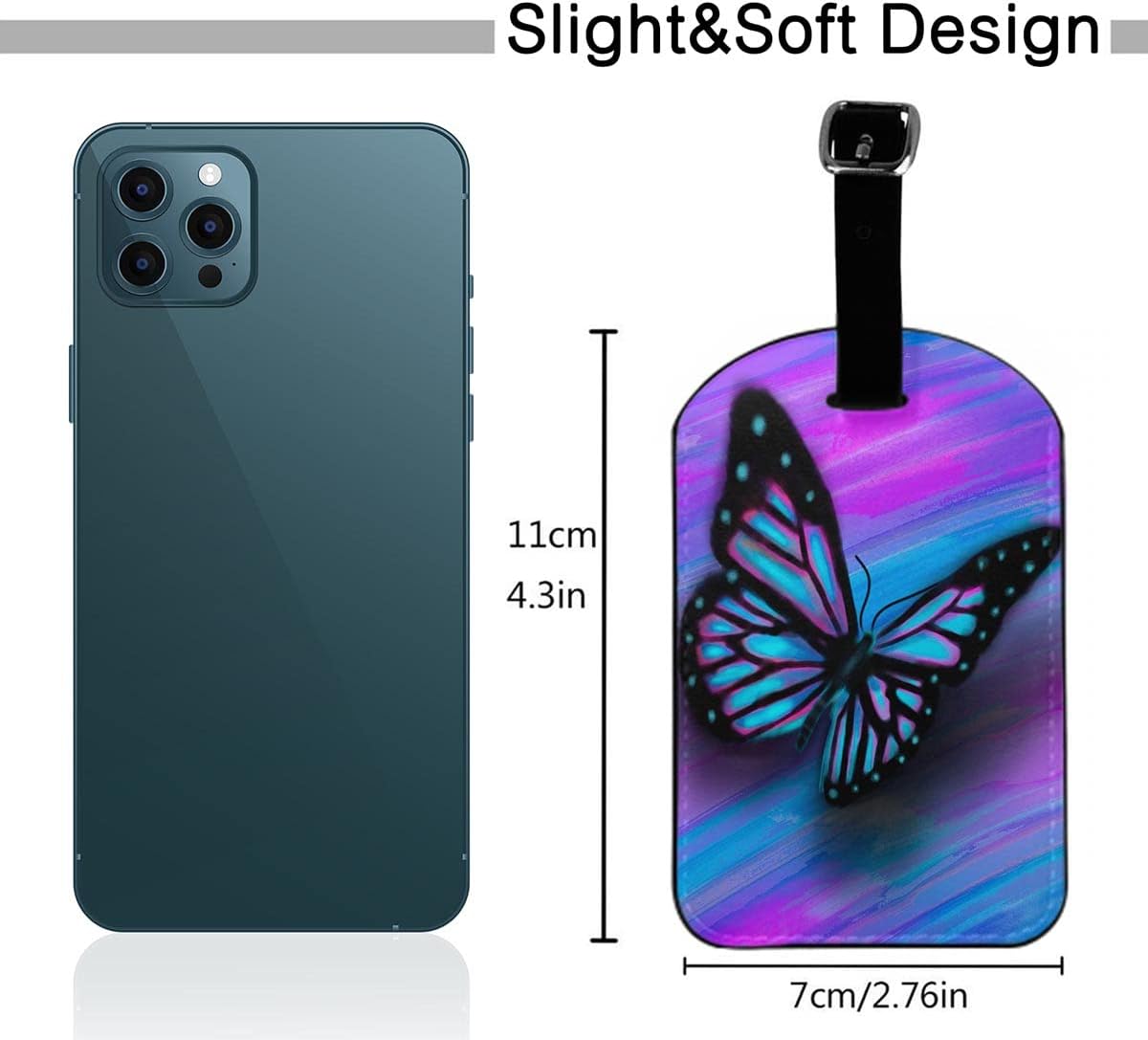 Butterfly Luggage Tag with Full Privacy Cover Pink Blue Flying Wings Spring Tropical Animal Travel Accessories Tags with Name ID Labels for Suitcases Women Men, 1 Pack