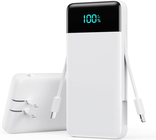 YHO Portable Charger 13800mAh for iPhone with Built-in Cables & AC Wall Plug,5-in-1 USB-C Power Bank,LCD Display External Battery Pack Phone Charger Compatible with iPhone 16/15/14,Android (White)